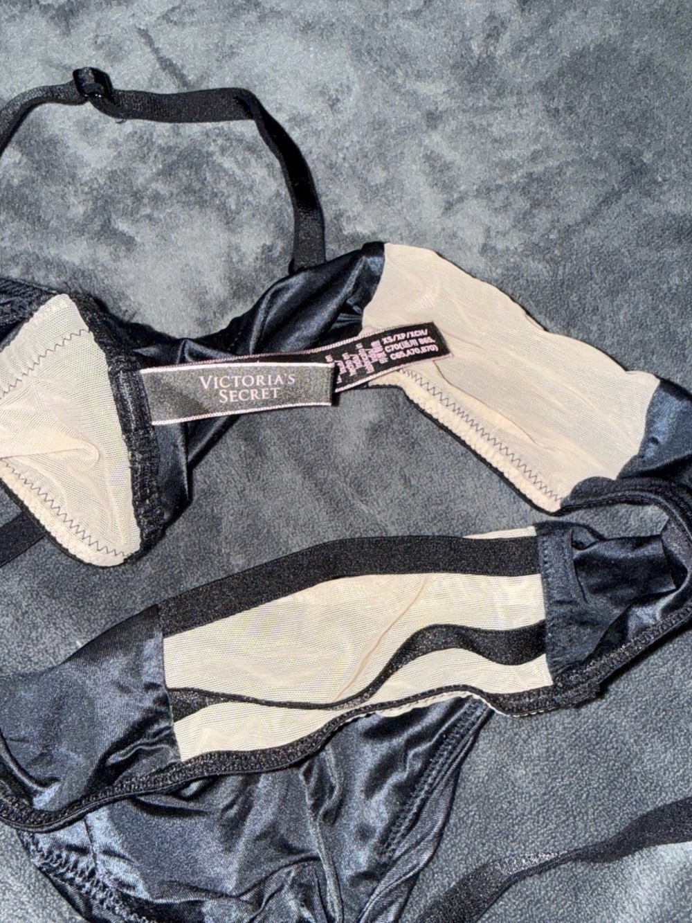Victoria's Secret Black Satin and Nude Mesh Demi Bra with Sheer Panels